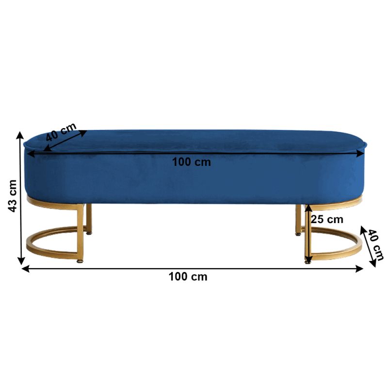 Dizajnová lavica, 100cm, modrá látka, zlatý kov, MIRILA NEW