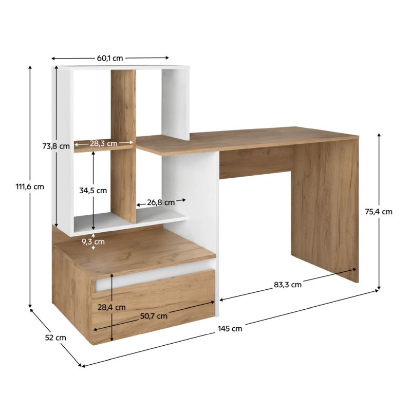 PC stôl, 145x52cm, dub artisan, biely, NEREO NEW