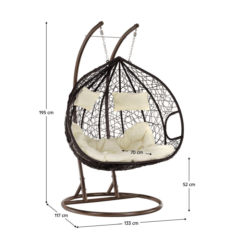 Závesné dvojkreslo, kov medený, ratan hnedý, látka krémová, DALVEA 2 NEW
