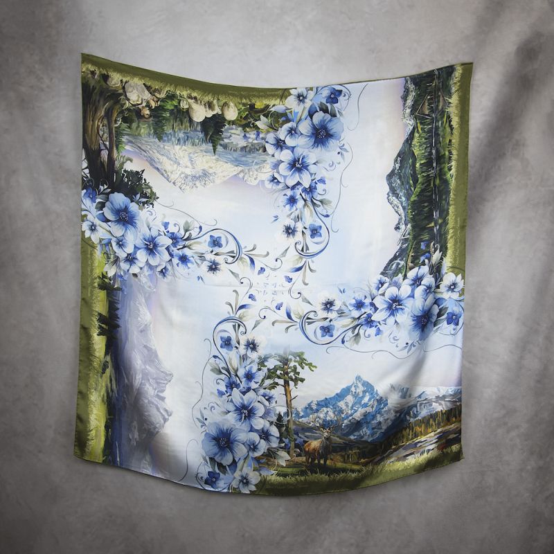 Módna hodvábna šatka VYSOKÉ TATRY - MODRÉ, 90 x 90cm