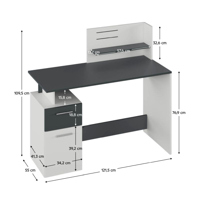 PC stôl, 121x55cm, biely, grafit, PLATON NEW