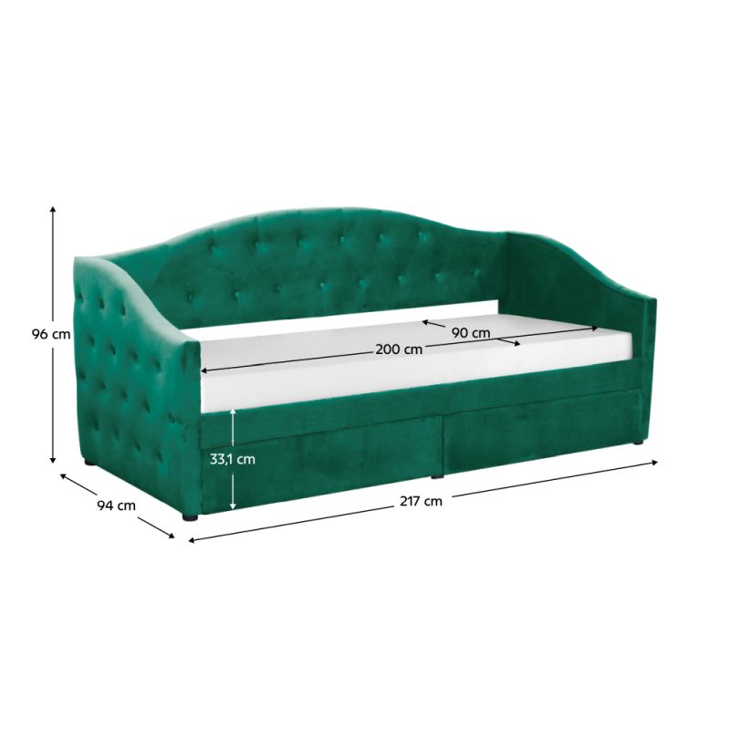 Posteľ, 90x200, s roštom, zelená, látka, ZASKA