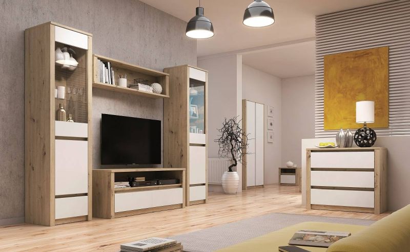 Tv stolík, 130cm, dub artisan, biely mat, MALTA RTV
