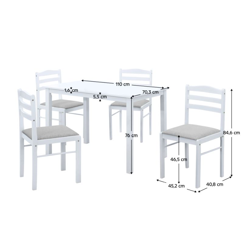 Jedálenský set 1+4, 110x70cm, MDF, biely, látka béžovosivá, SOMIN