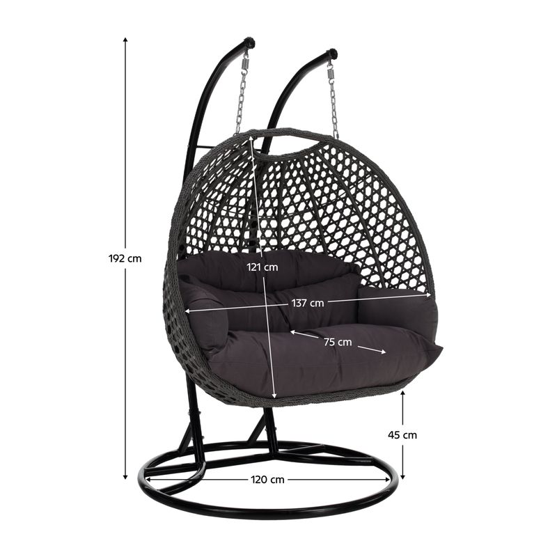 Závesné dvojkreslo, kov čierny, ratan sivý, látka tmavosivá, DAKAN NEW