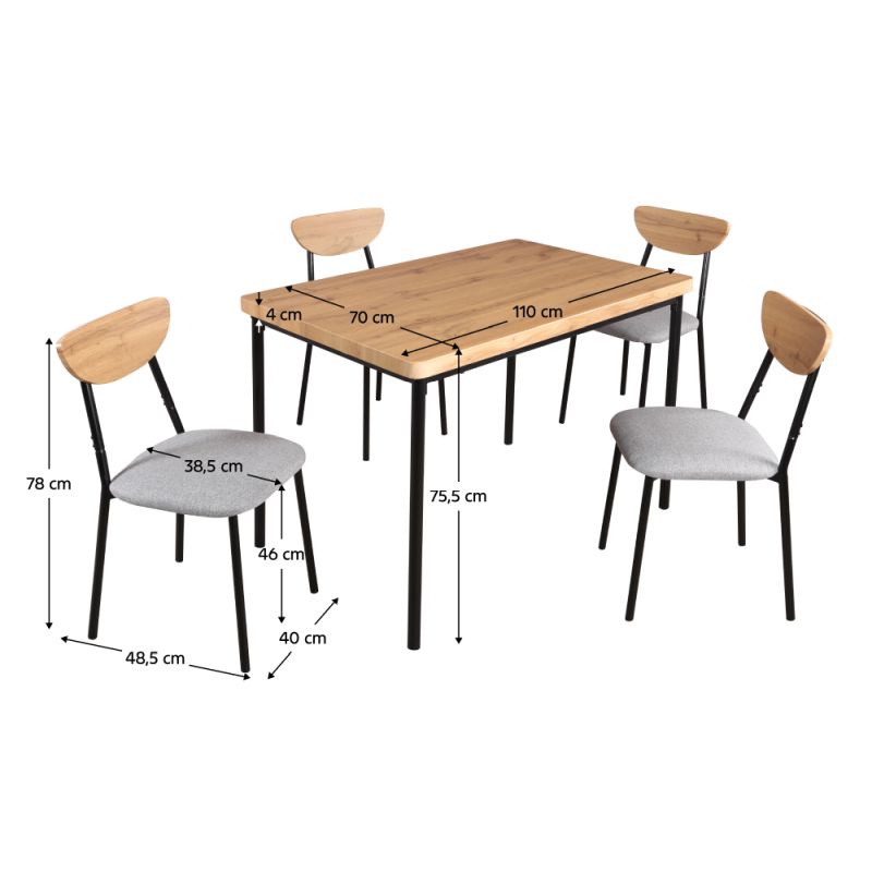 Jedálenský set 1+4, 110x70cm, MDF, dub svetlý, látka sivá, MADIO