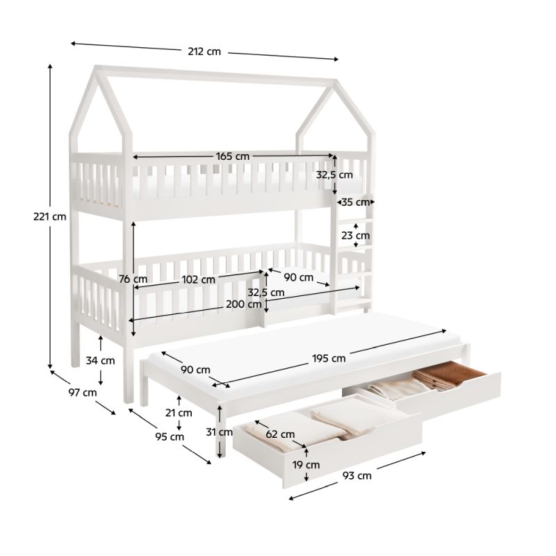 Montessori poschodová posteľ, 90x200, s prístelkou, biela, VENITA TYP 1
