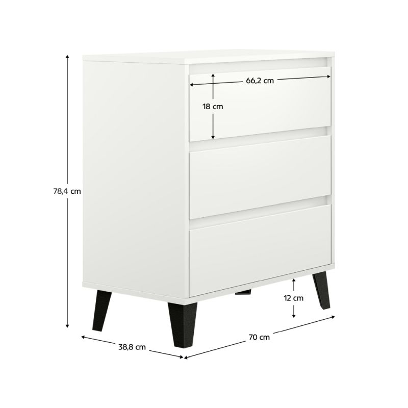 Komoda, 70cm, 3-zásuvková, biela, BOGAN 3S70