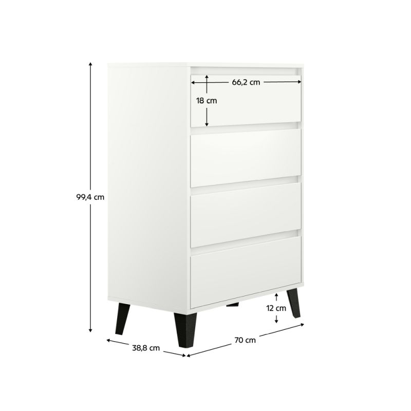 Komoda, 70cm, 4-zásuvková, biela, BOGAN NEW 4S70
