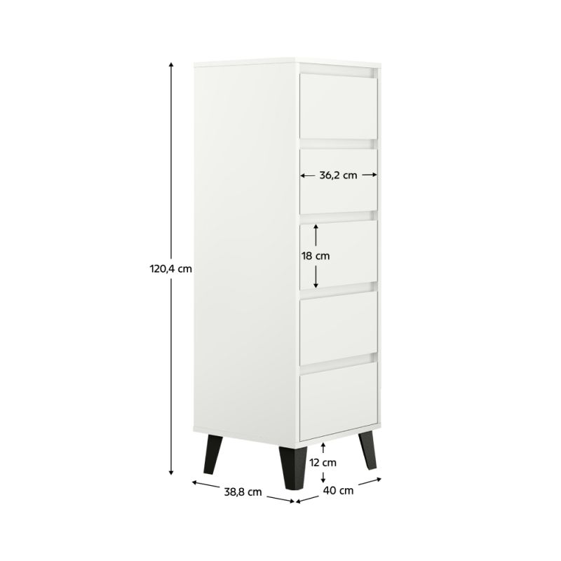 Komoda, 40cm, 5-zásuvková, biela, BOGAN 5S40