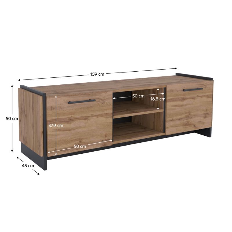 TV stolík, 159cm, dub wotan, čierny, AMONI 2D
