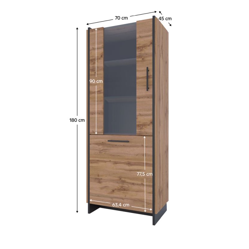 Vitrína, 70cm, dub wotan, čierna, AMONI 1D1W