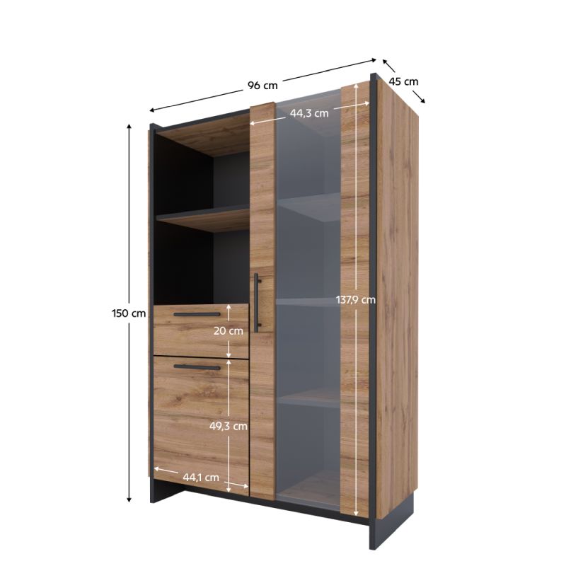 Nízka vitrína, 96cm, dub wotan, čierna, AMONI 1D1W1S