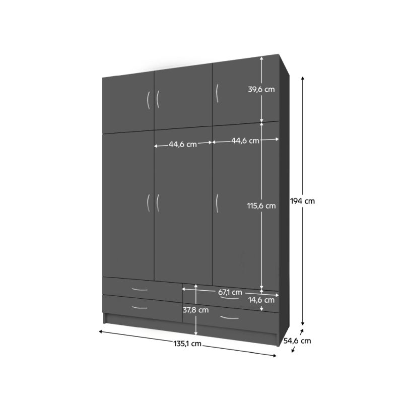 Skriňa, 135cm, kombinovaná, grafit, GERI NEW