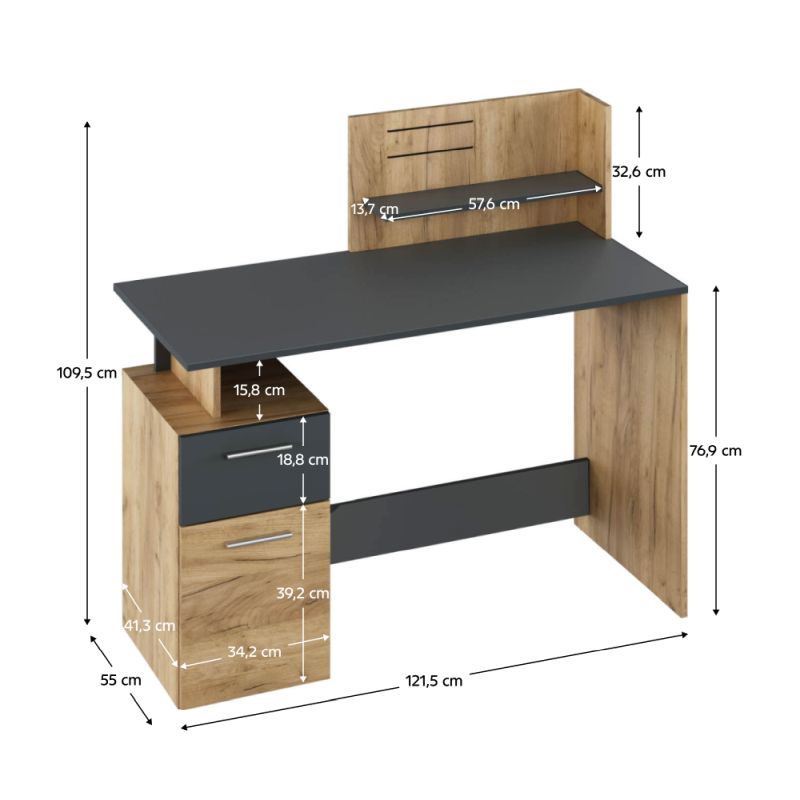 PC stôl, 121x55cm, dub artisan, grafit, PLATON NEW