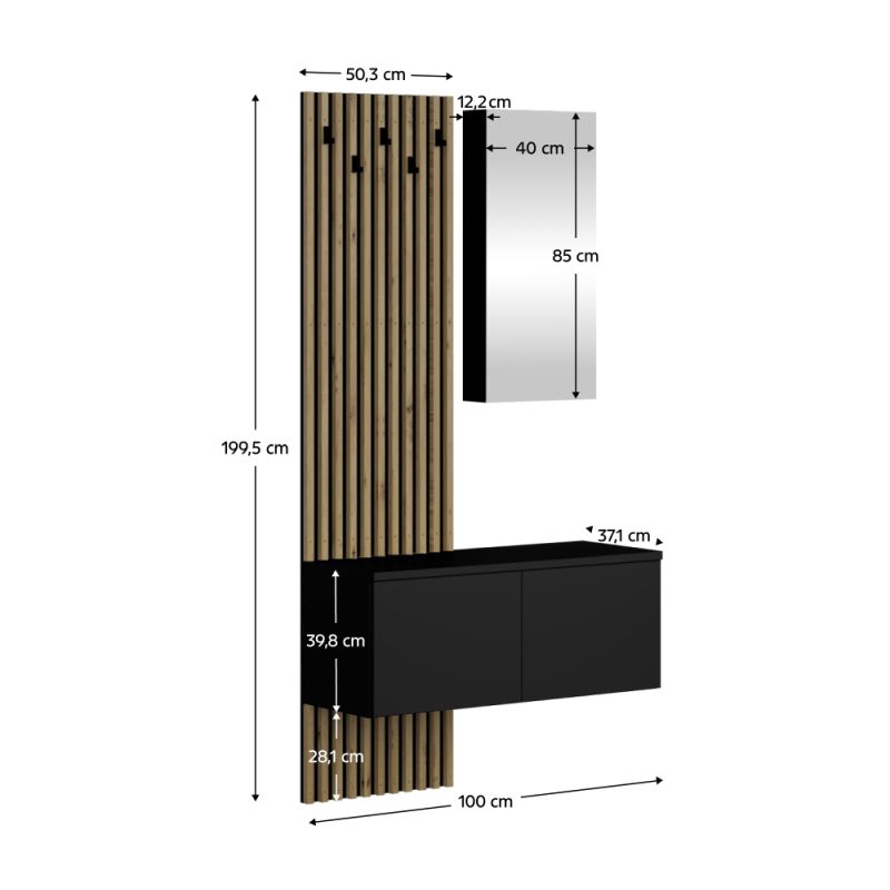 Predsieňová zostava, 100cm, čierna, dub artisan, REBEKA