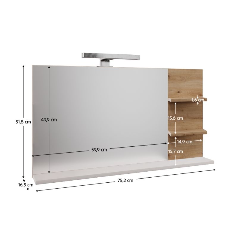 Zrkadlo s LED osvetlením, 75cm, biele, dub artisan, CUBO CUB04