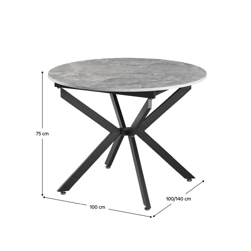 Jedálenský stôl, okrúhly, 100cm, rozkladací, MDF, betón, čierny, ABERO TYP 1