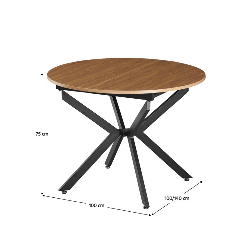 Jedálenský stôl, okrúhly, 100cm, rozkladací, MDF, dub svetlý, čierny, ABERO TYP 1