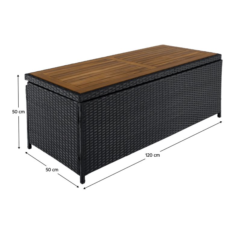 Záhradný úložný box, lavica, čierny ratan, prírodné drevo, BEMUS
