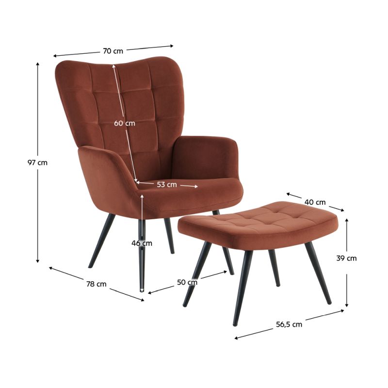 Kreslo s podnožou, čierny kov, hnedá látka, HABEN