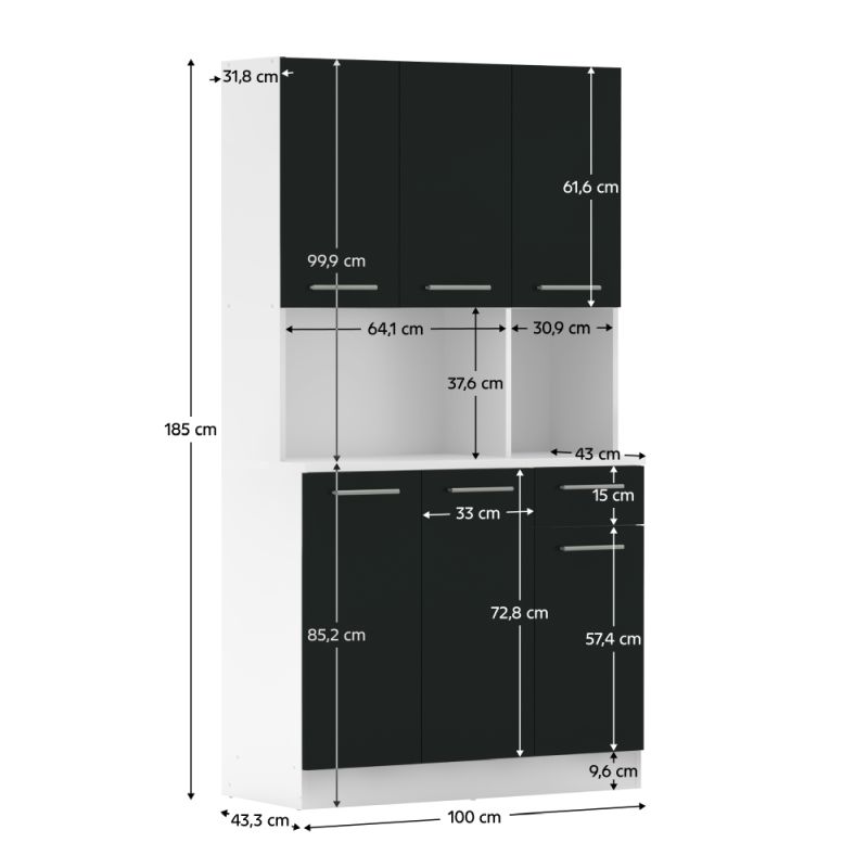 Šesťdverový kredenc, 100cm, biely, čierny, PELION NEW