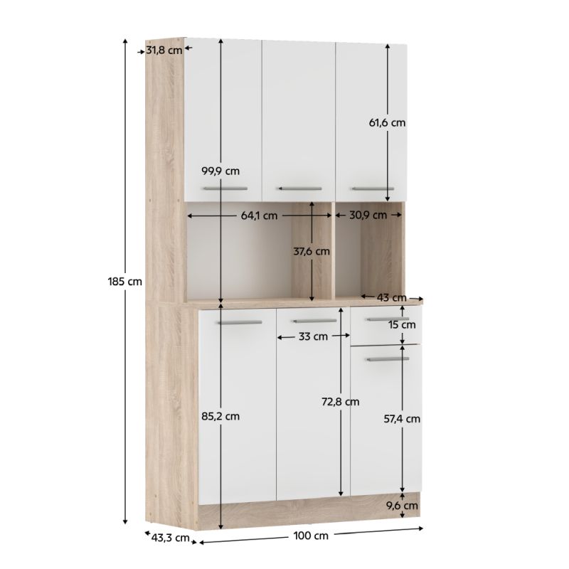 Šesťdverový kredenc, 100cm, dub sonoma, biely, PELION NEW