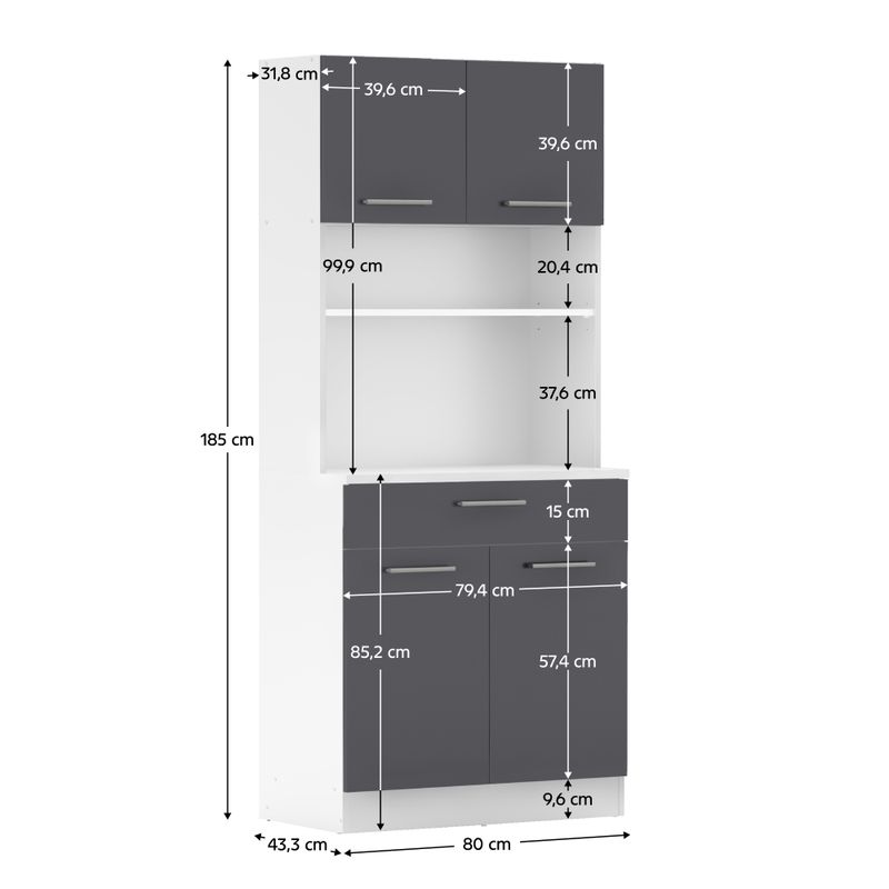 Štvordverový kredenc, 80cm, biely, grafit, DOMIS NEW