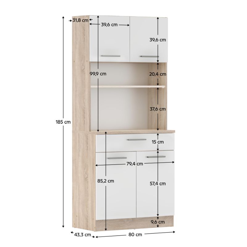Štvordverový kredenc, 80cm, dub sonoma, biely, DOMIS NEW