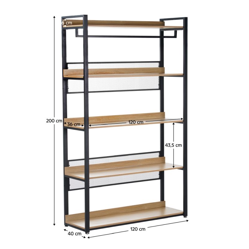 Regál, 120cm, 5-policový, dub, čierny, KILOS NEW TYP 3