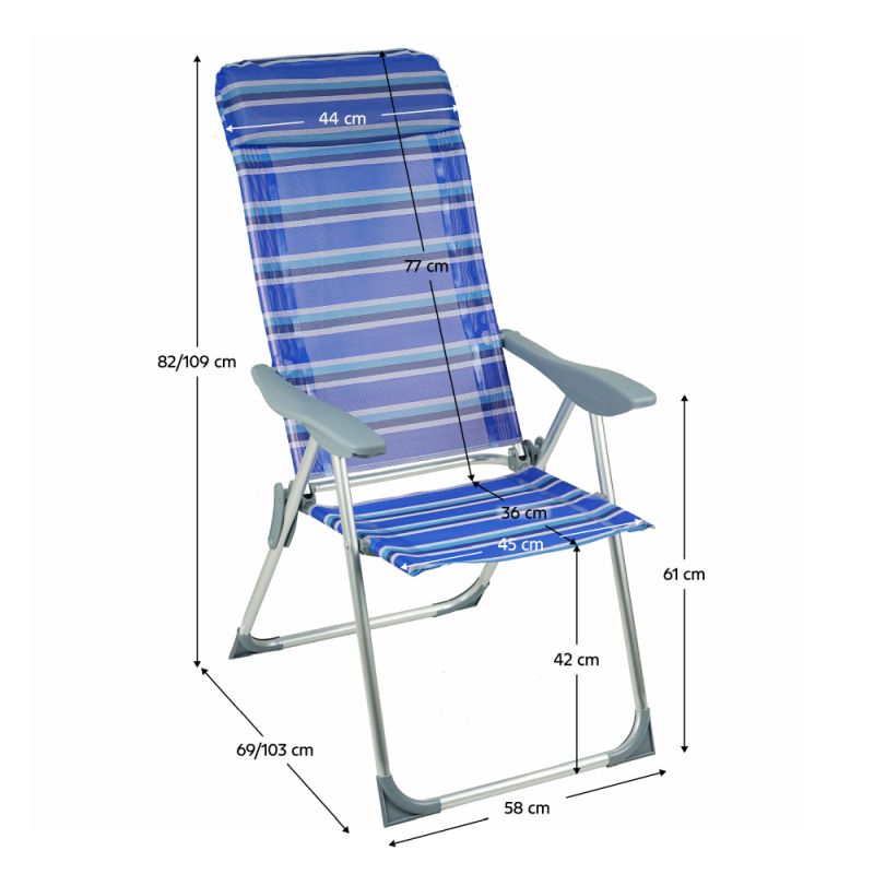 Záhradné, polohovacie kreslo, látka modrá, kov sivý, AVELAR