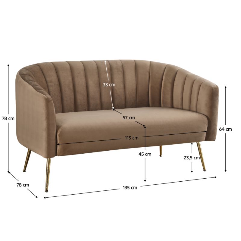 Dizajnový 2-sed, hnedá Velvet látka, kov gold chróm zlatý, BAGY