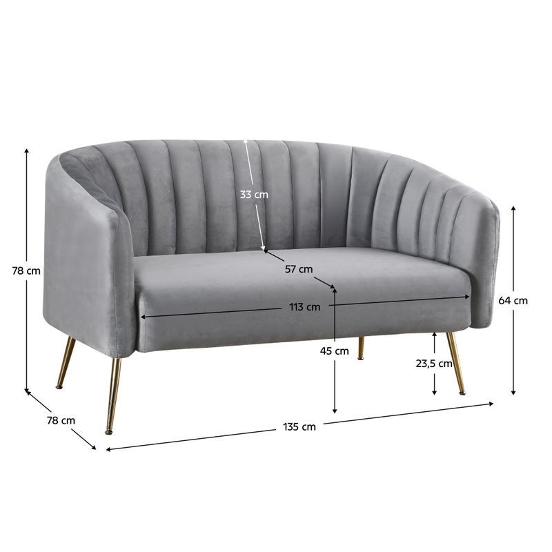 Dizajnový 2-sed, sivá Velvet látka, kov gold chróm zlatý, BAGY