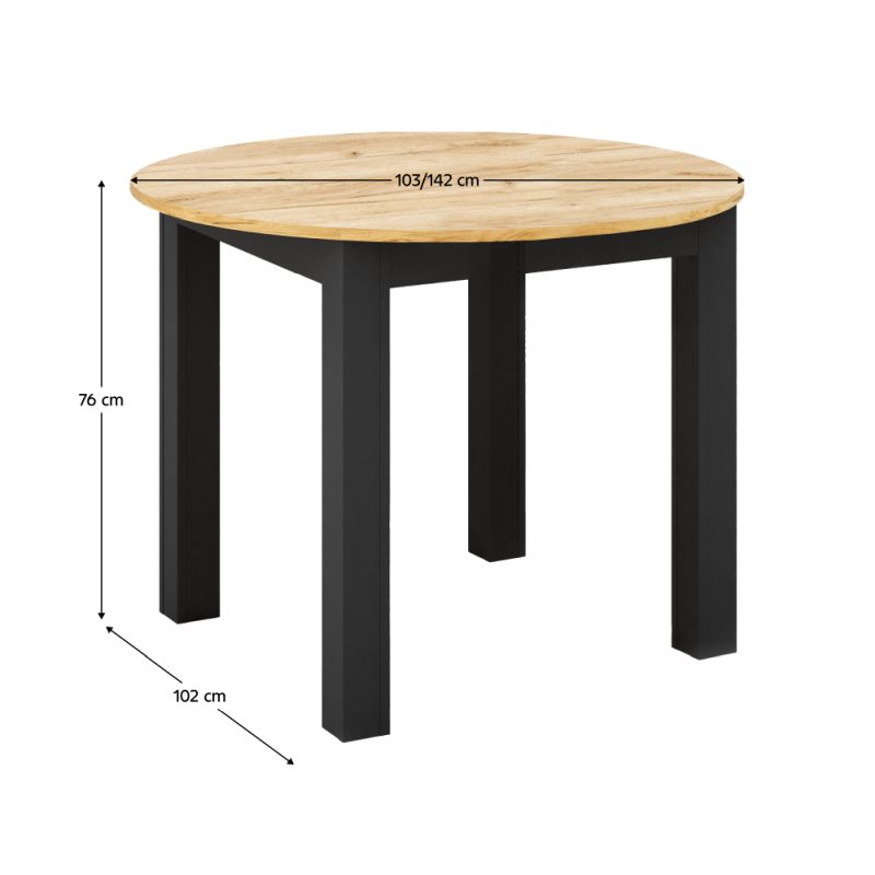 Jedálenský stôl, okrúhly, 103cm, rozkladací, DTD, dub craft zlatý, čierny, HARRY