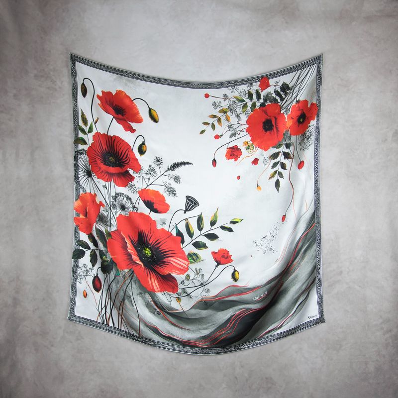 Módna hodvábna šatka MAK VLČÍ – SIVÝ, 90 x 90cm, MADE IN SLOVAKIA