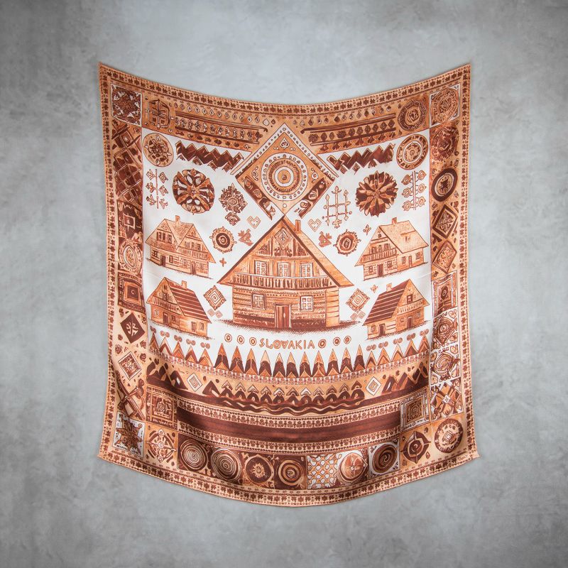 Módna hodvábna šatka ČIČMANY - SÉPIA, 90 x 90cm, MADE IN SLOVAKIA