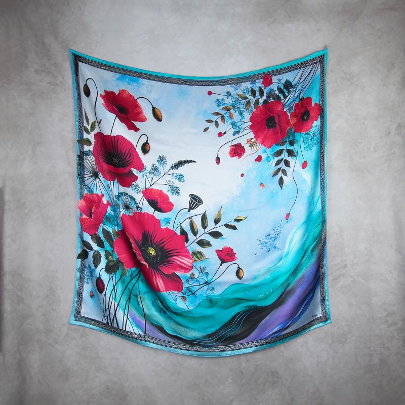 Módna hodvábna šatka MAK VLČÍ - MODRÝ, 90 x 90cm, MADE IN SLOVAKIA