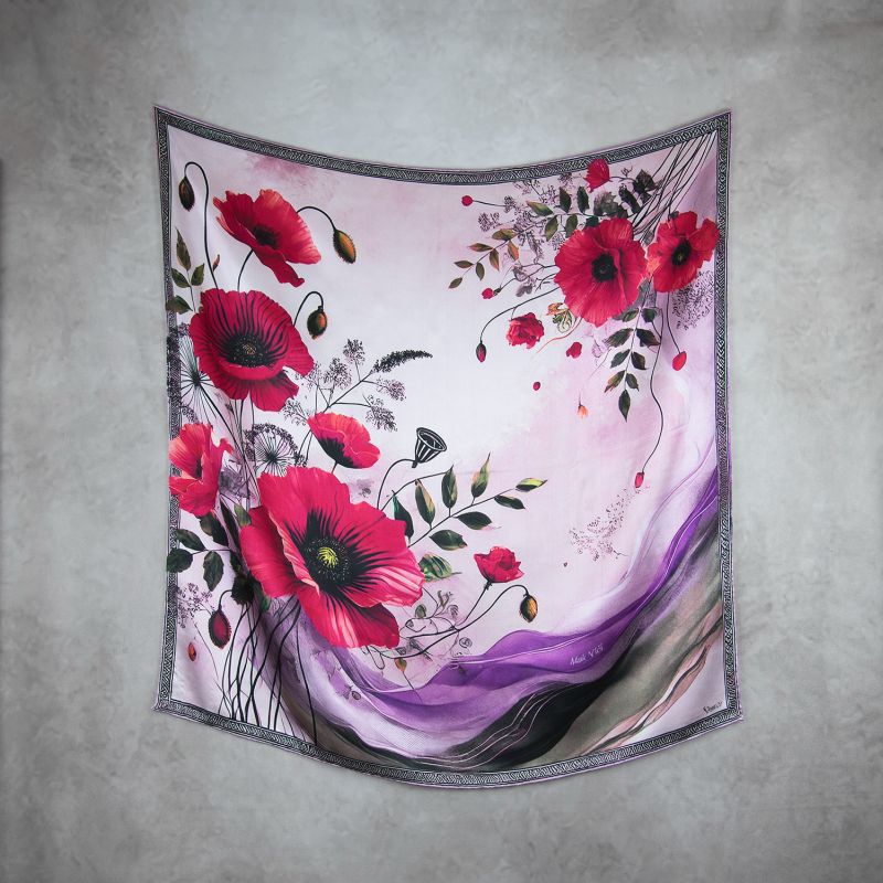 Módna hodvábna šatka MAK VLČÍ - FIALOVÝ, 90 x 90cm, MADE IN SLOVAKIA