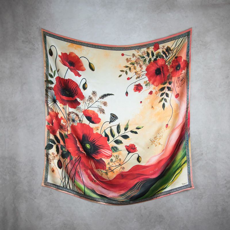 Módna hodvábna šatka MAK VLČÍ - ČERVENÝ, 90 x 90cm, MADE IN SLOVAKIA