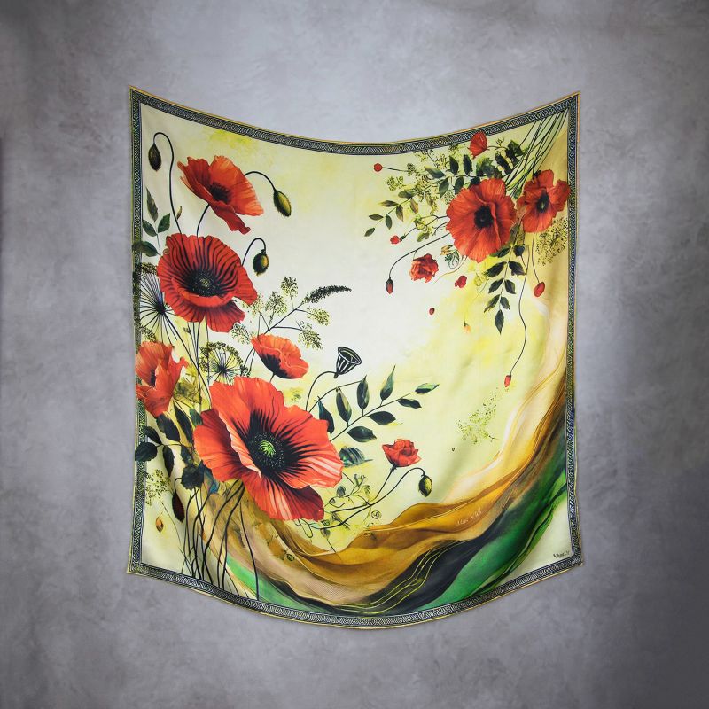 Módna hodvábna šatka MAK VLČÍ - ZELENÝ, 90 x 90cm, MADE IN SLOVAKIA