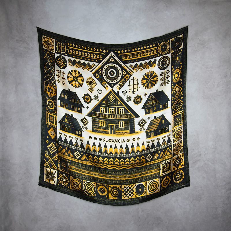 Módna hodvábna šatka ČIČMANY - ČIERNO-ZLATÉ, 90 x 90cm, MADE IN SLOVAKIA