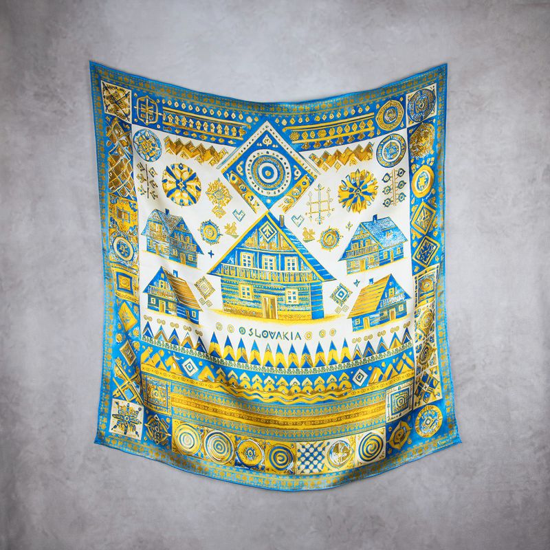 Módna hodvábna šatka ČIČMANY - MODRO-ZLATÉ, 90 x 90cm, MADE IN SLOVAKIA
