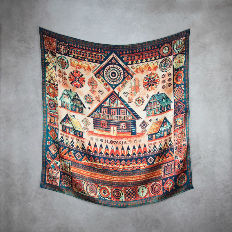 Módna hodvábna šatka ČIČMANY - ČERVENO-MODRÉ, 90 x 90cm, MADE IN SLOVAKIA