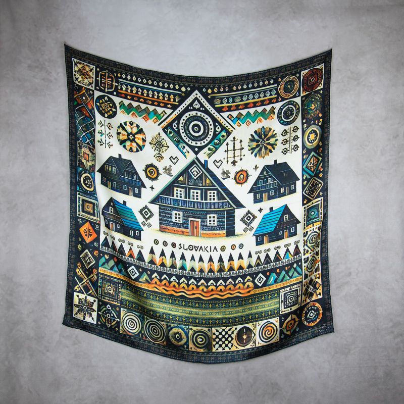 Módna hodvábna šatka ČIČMANY - ČIERNO-FAREBNÉ, 90 x 90cm, MADE IN SLOVAKIA