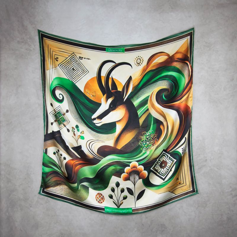 Módna hodvábna šatka KAMZÍK - ZELENÝ, 90 x 90cm, MADE IN SLOVAKIA