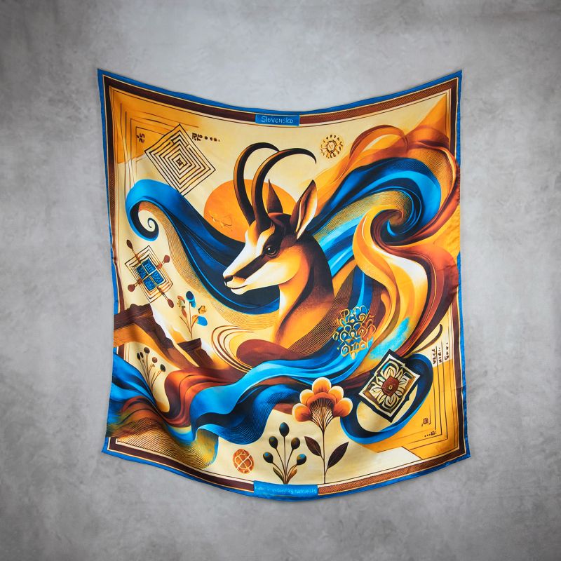 Módna hodvábna šatka KAMZÍK - MODRÝ, 90 x 90cm, MADE IN SLOVAKIA