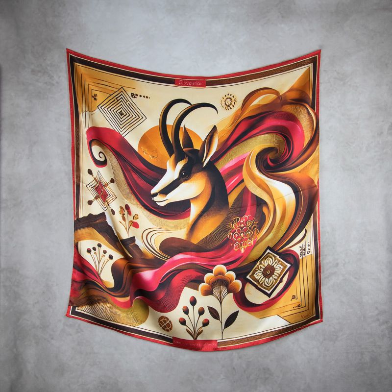 Módna hodvábna šatka KAMZÍK - ČERVENÝ, 90 x 90cm, MADE IN SLOVAKIA