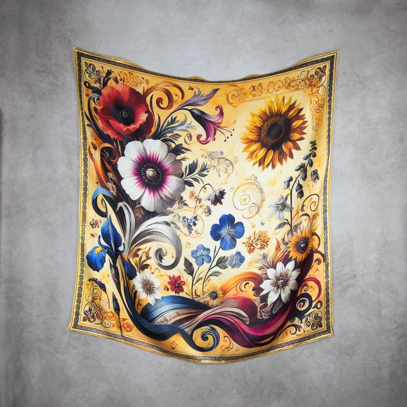 Módna hodvábna šatka LÚČNE KVETY - ZLATÉ, 90 x 90cm, MADE IN SLOVAKIA