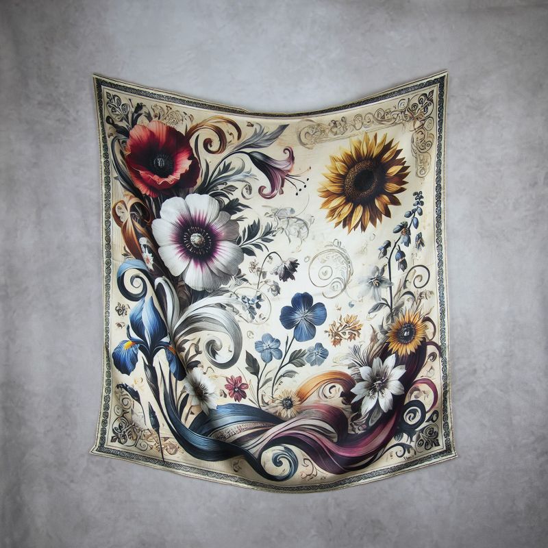 Módna hodvábna šatka LÚČNE KVETY - BÉŽOVÉ, 90 x 90cm, MADE IN SLOVAKIA