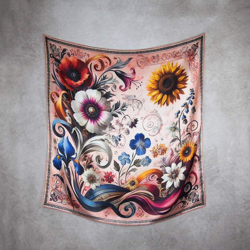 Módna hodvábna šatka LÚČNE KVETY - RUŽOVÉ, 90 x 90cm, MADE IN SLOVAKIA